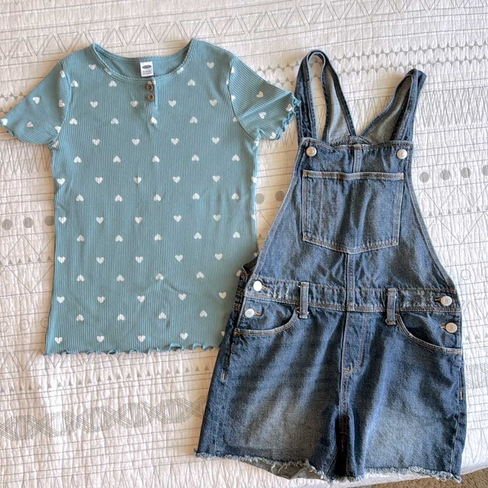 EUC girls, size extra large denim overall shorts and heart tee!